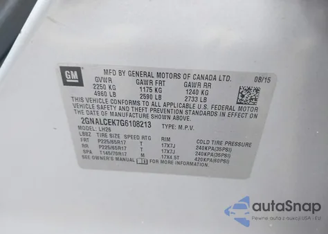 2016 Chevrolet Equinox Lt from USA, damaged, VIN 2GNALCEK7G6108213